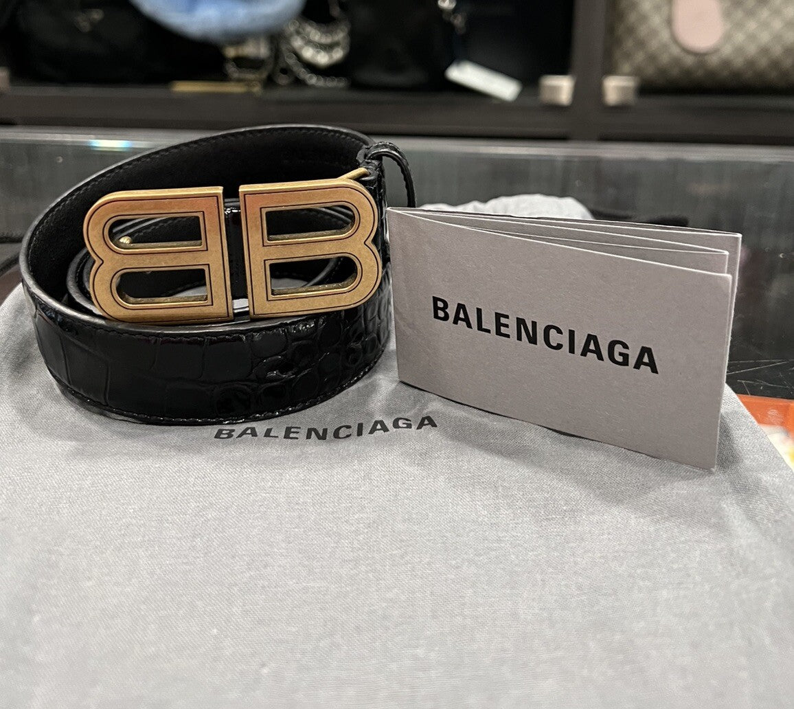 Balenciaga Black Croc Embossed Leather Belt with Duster NEW Size S