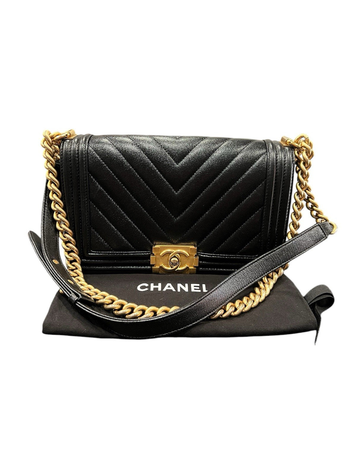 Chanel Black Gold Chevron Caviar Boy Bag With Duster & Authenticity Retail $6900