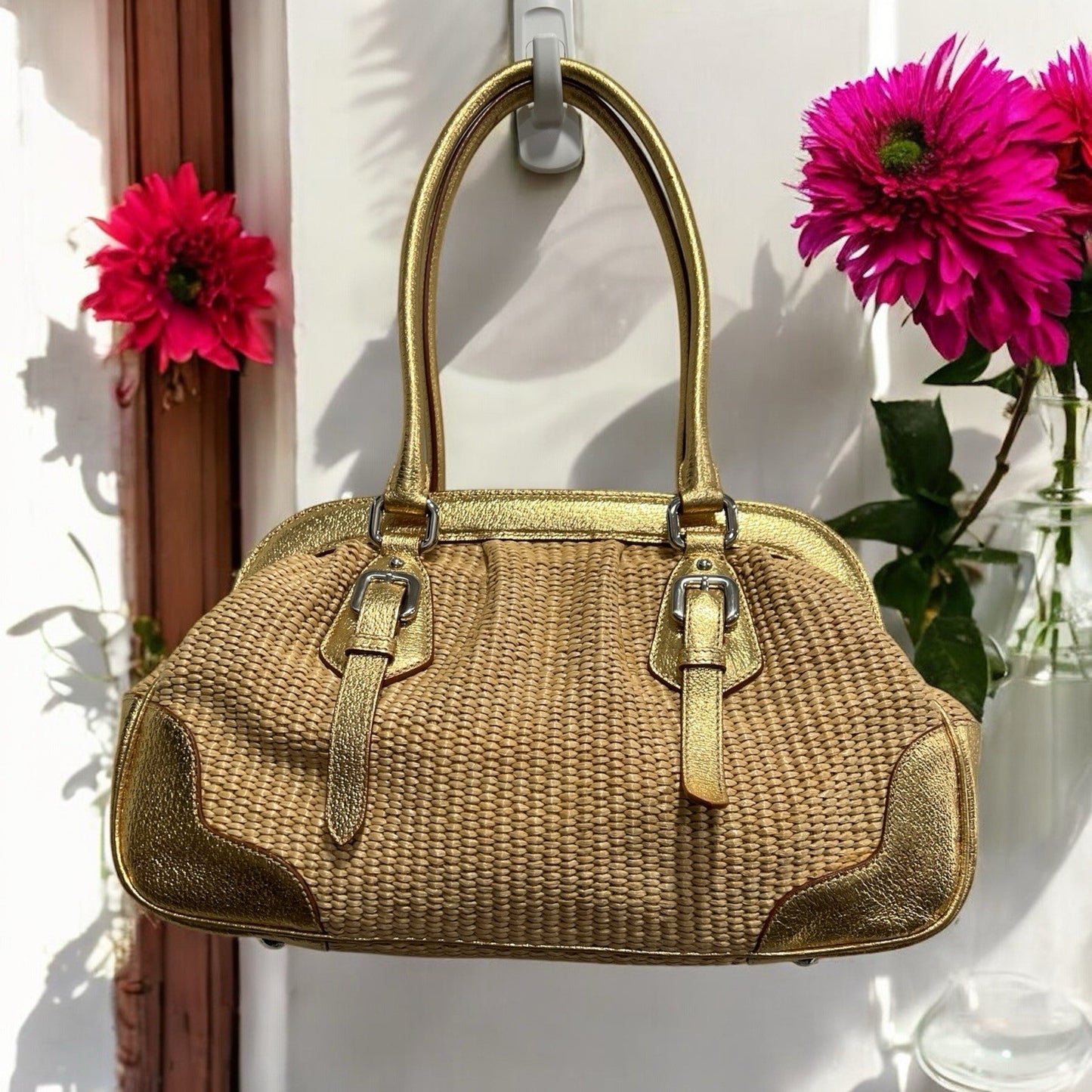 Prada Cinghiale Trimmed Paglia Straw Shoulder Bag W/Authenticity