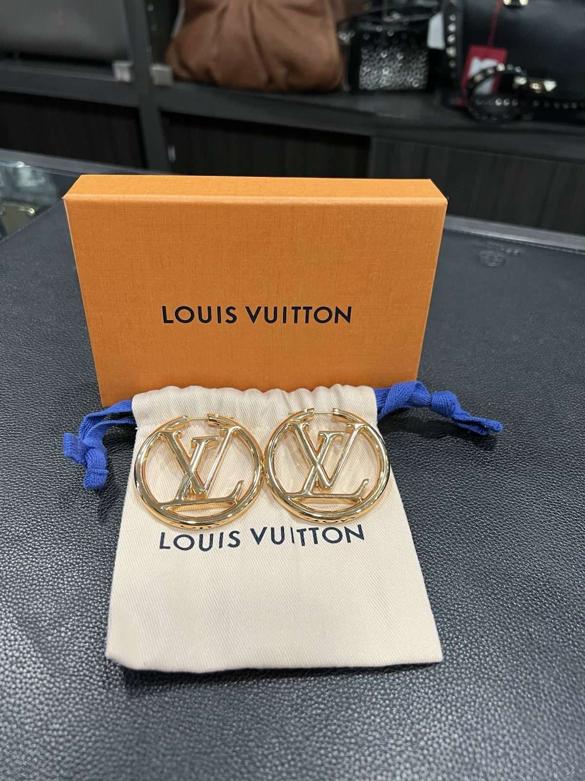 Louis Vuitton Louise GM Hoop Earrings With Box & Duster Retail $725
