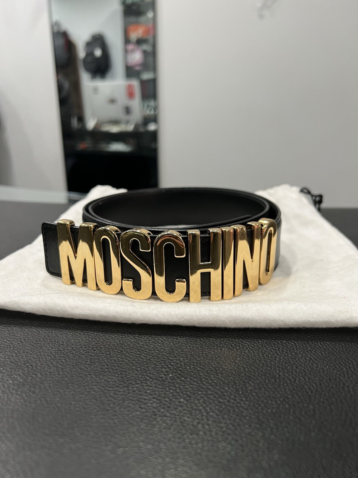 Moschino Men's Logo Belt Black/Gold W/Duster Size 31"-36" Retail $325