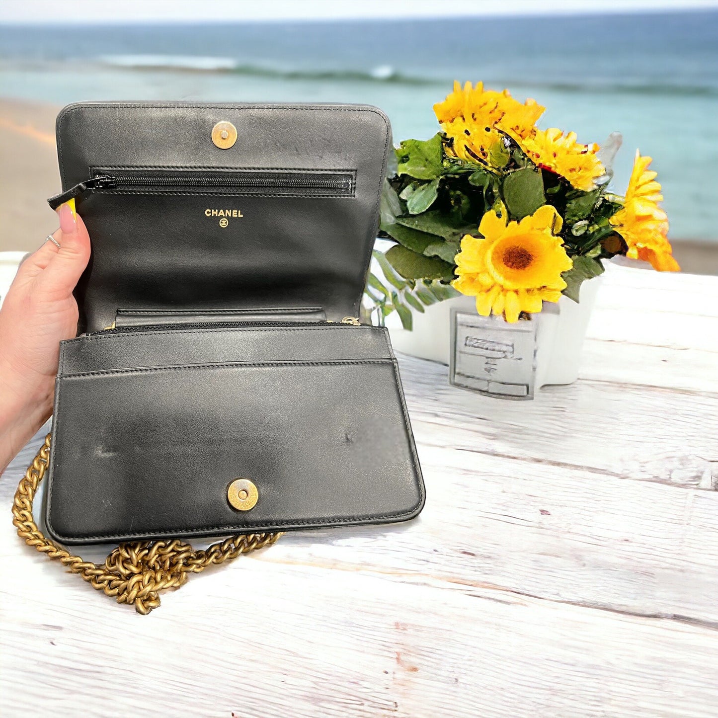 Chanel Caviar Black/Gold Boy Wallet On Chain W/Duster