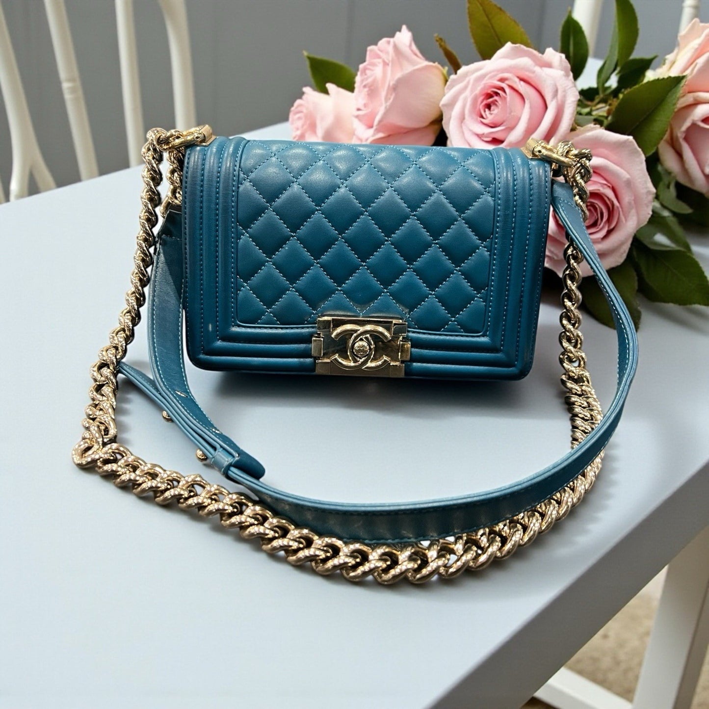 Chanel Small Two Way Boy Cobalt/Gold Chain Bag Includes Authenticity MSRP $6700