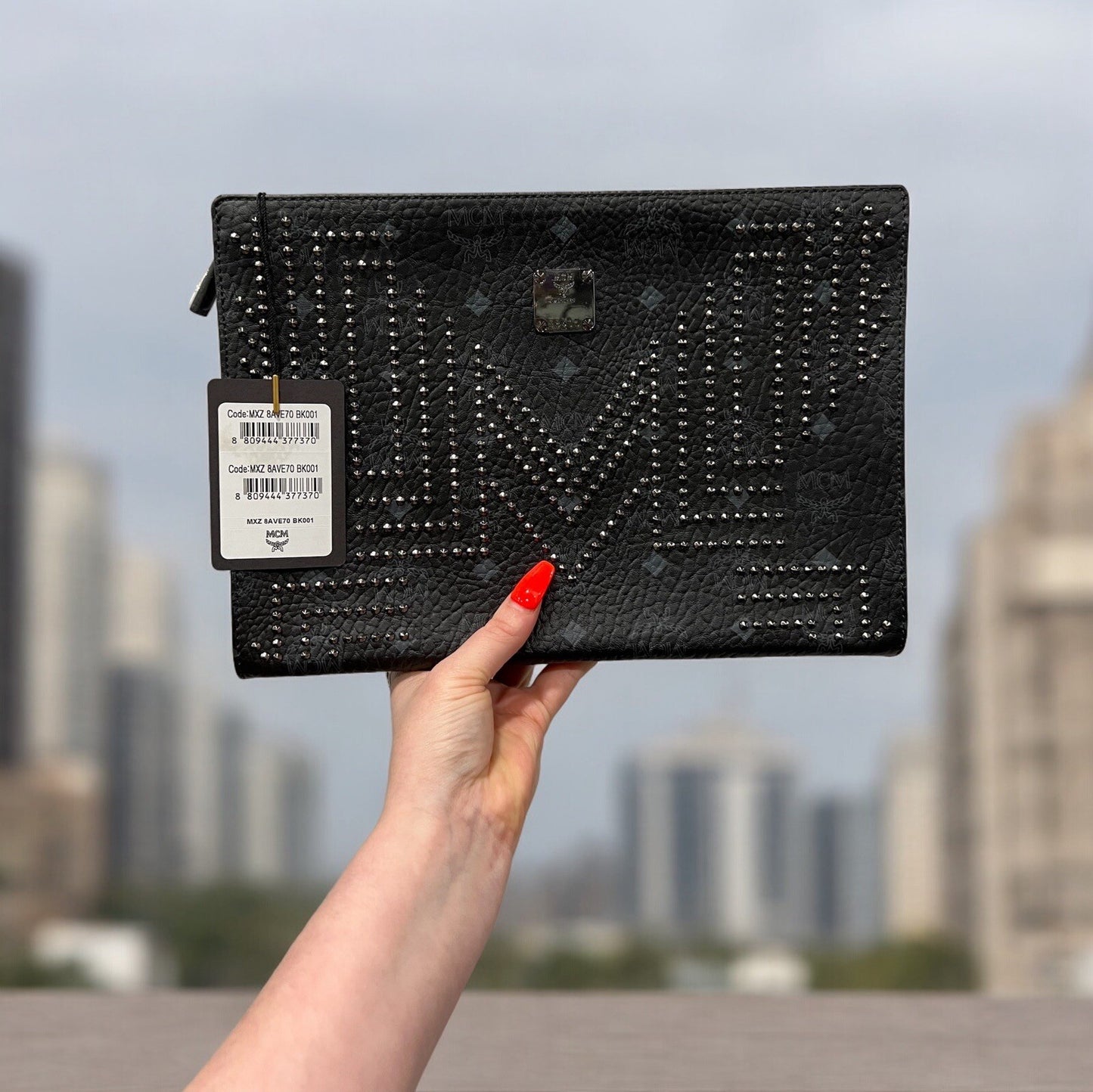 MCM Black Stark Studded Limited Edition Zip Clutch NWT & Certificate