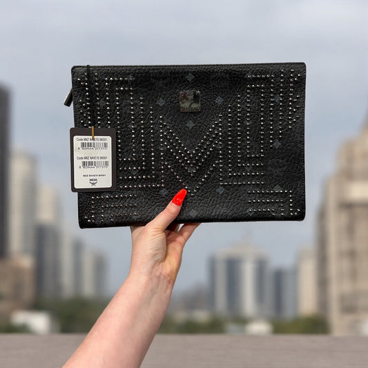 MCM Black Stark Studded Limited Edition Zip Clutch NWT & Certificate