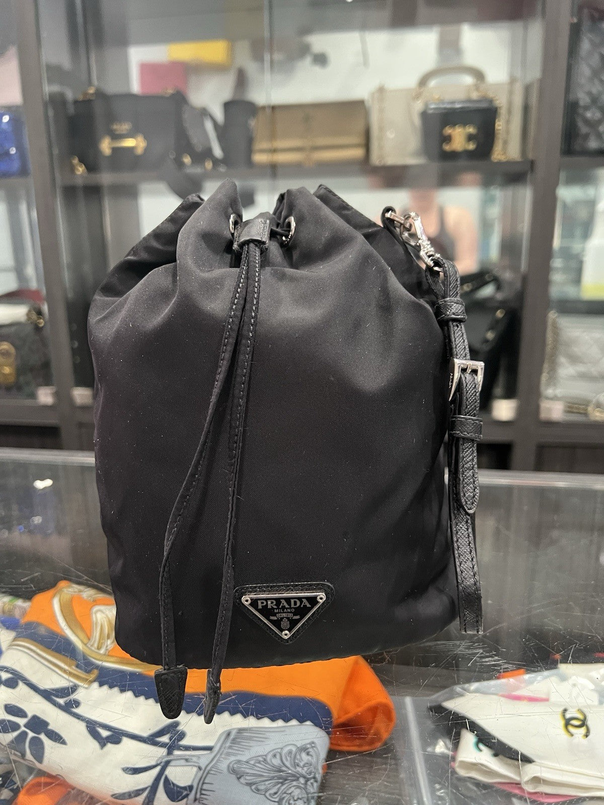 Prada Drawstring Wristlet Bucket Bag Tessuto Small