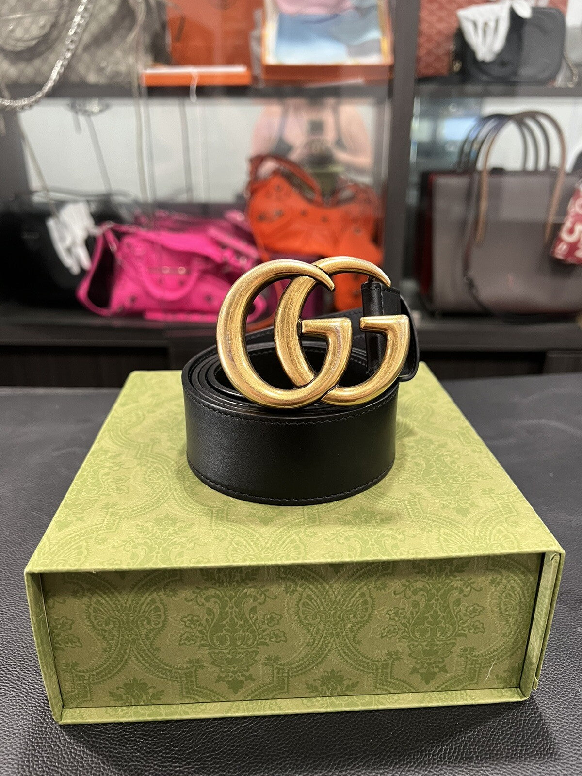 Gucci Marmont Black/Aged Gold Belt W/Box Duster & Receipt (Retail $520) 95/38"