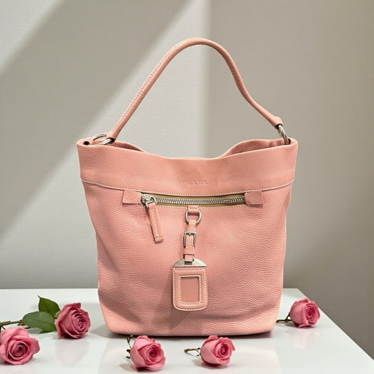Prada Pink Leather Hobo Shoulder Bag With Authenticity