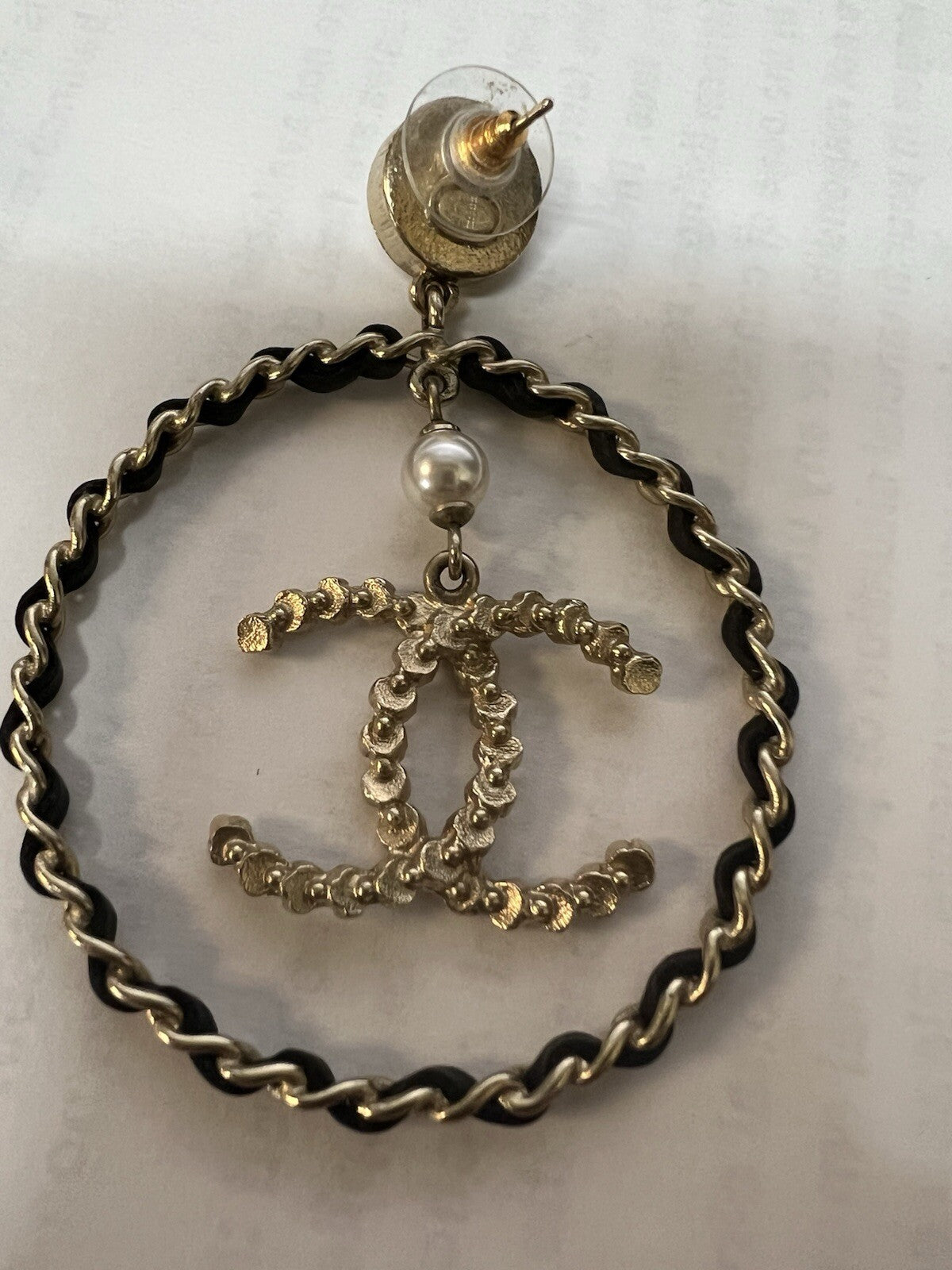 Chanel Lambskin Leather Crystal Pearl Logo Hoop Earrings