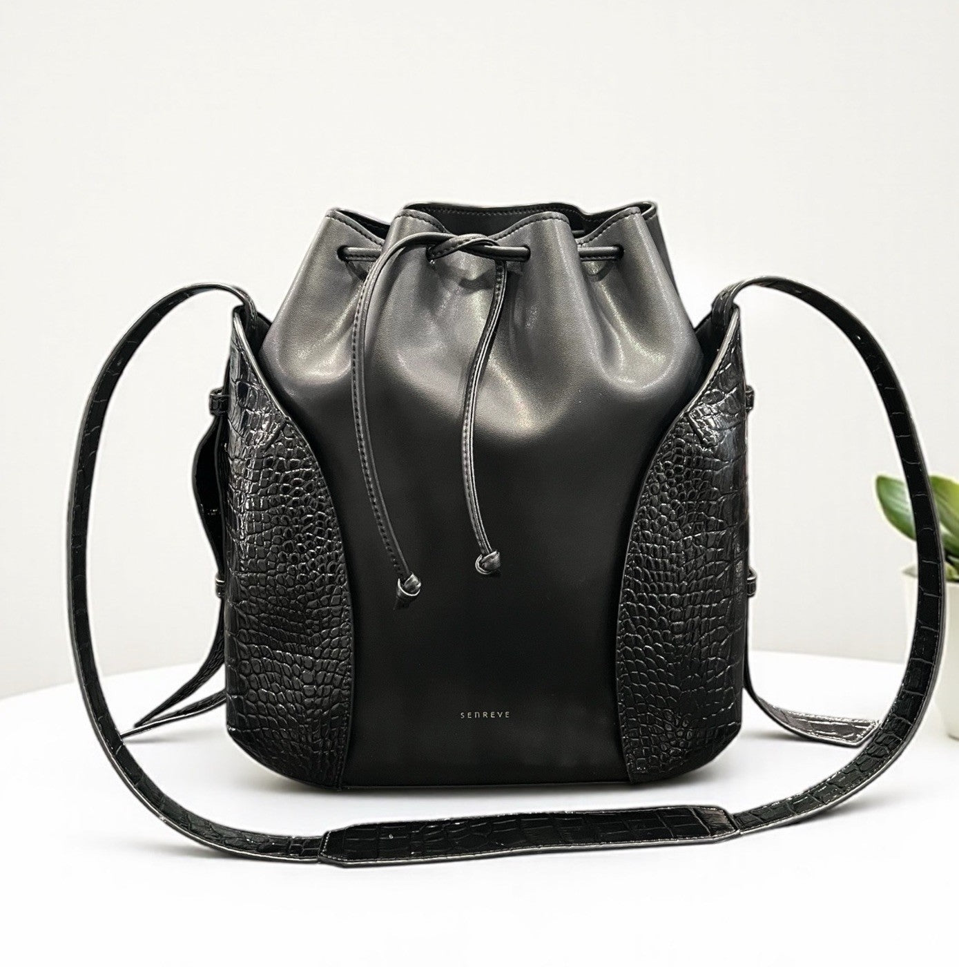 Senreve Fiore Vegan Leather Black Croc Embossed Bucket Bag Retail $825