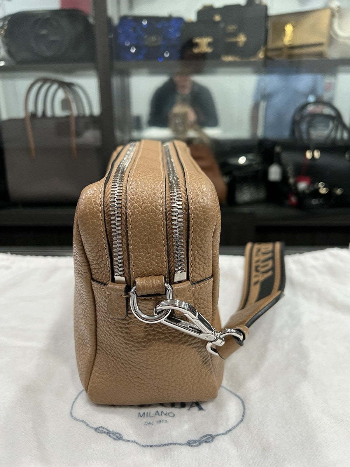 Prada Small Vitello Double Zipper Caramel Crossbody/Shoulder Bag Retail $2750