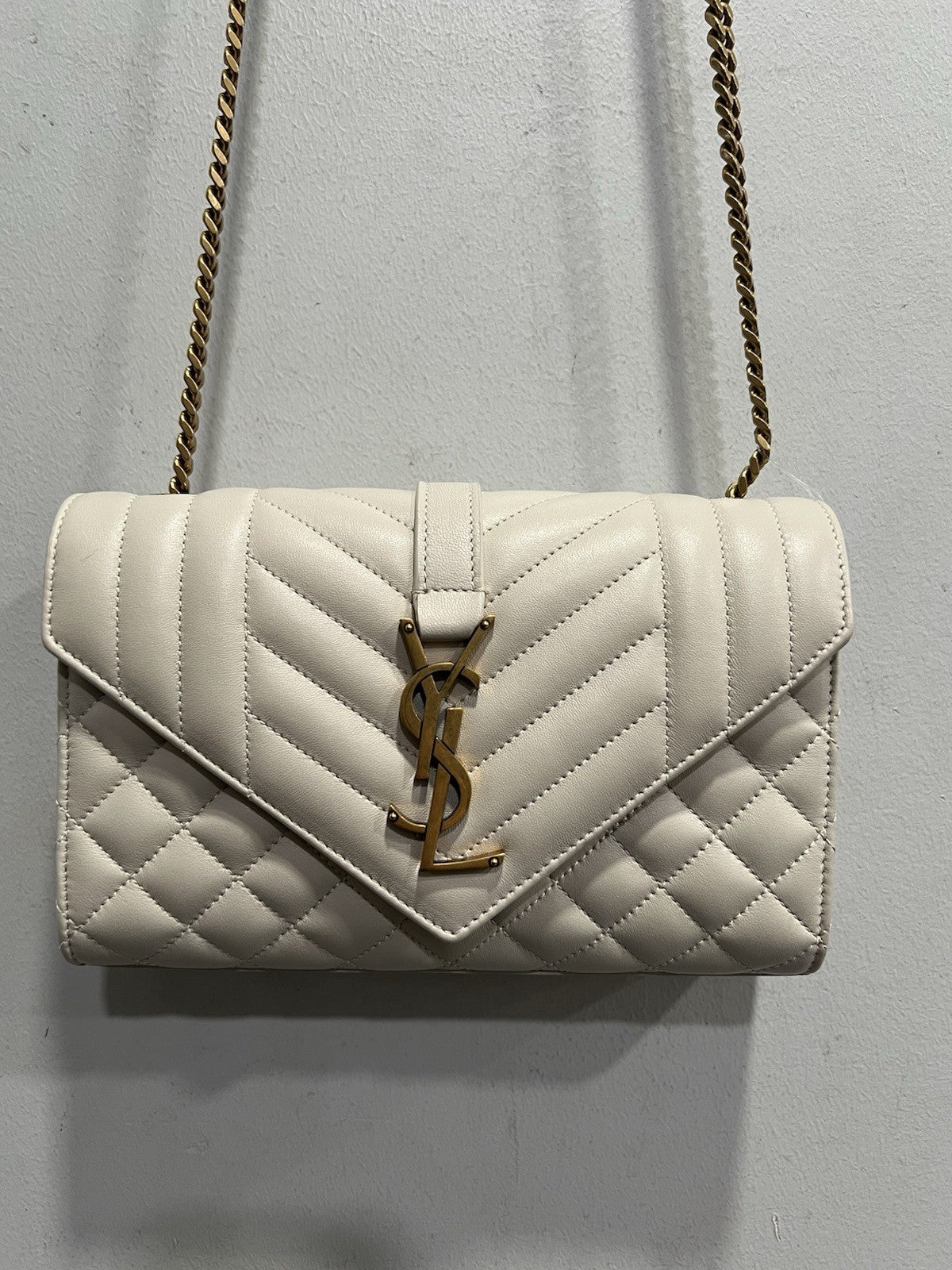 YSL Saint Laurent Ivory/Gold Envelope Triquilt Small Smooth Leather MSRP $2950