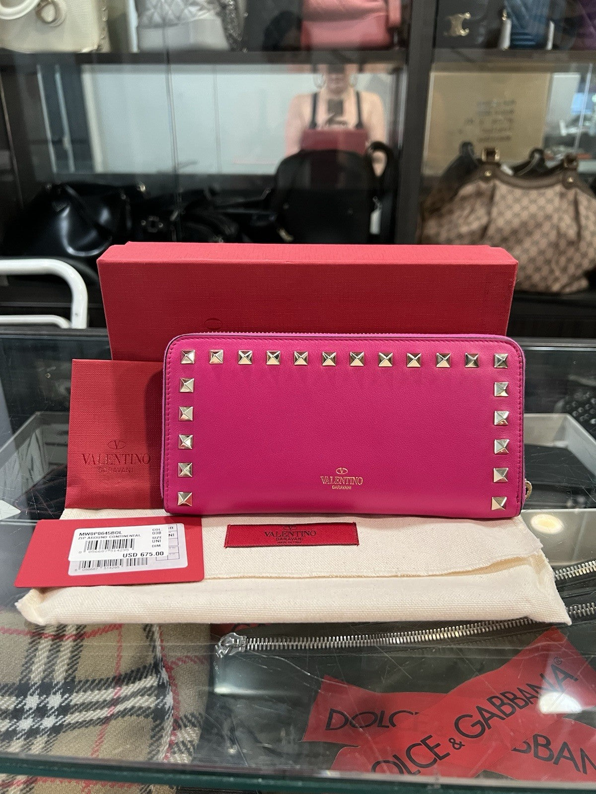 Valentino Rockstud Fuchsia Zip Around Continental Wallet NIB