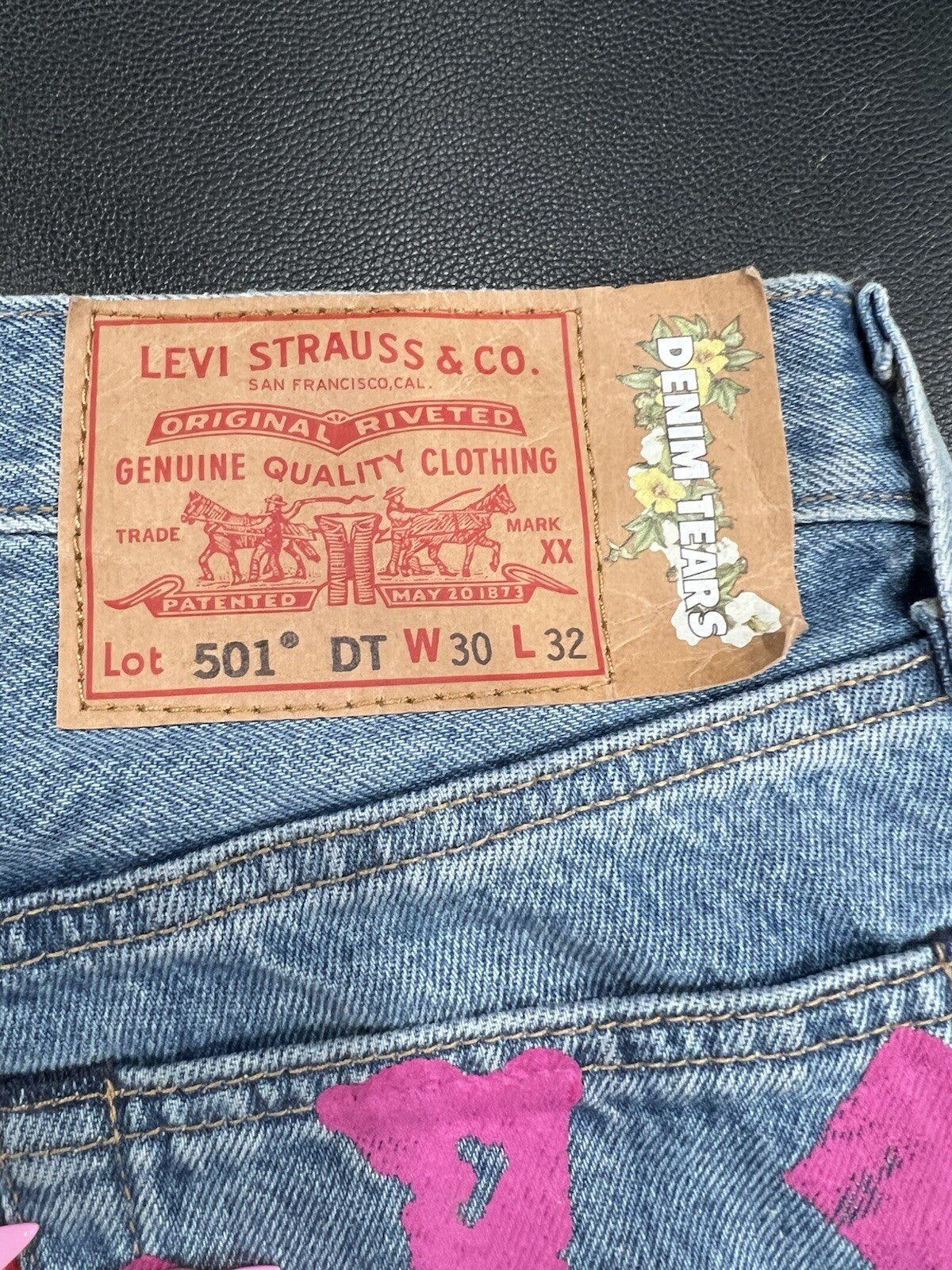 Denim Tears Bstroy Tears 501 DT Light Wash Jean Pink/Green 30 X 32