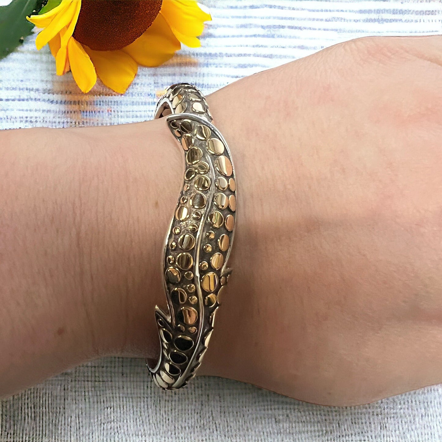 John Hardy .925 Sterling Silver 18k Gold Dot Leaf Bracelet 6.5" 36.0g