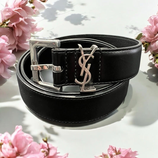 YSL Black & Silver Plated Cassandre Leather Monogram Belt Sz 90cm