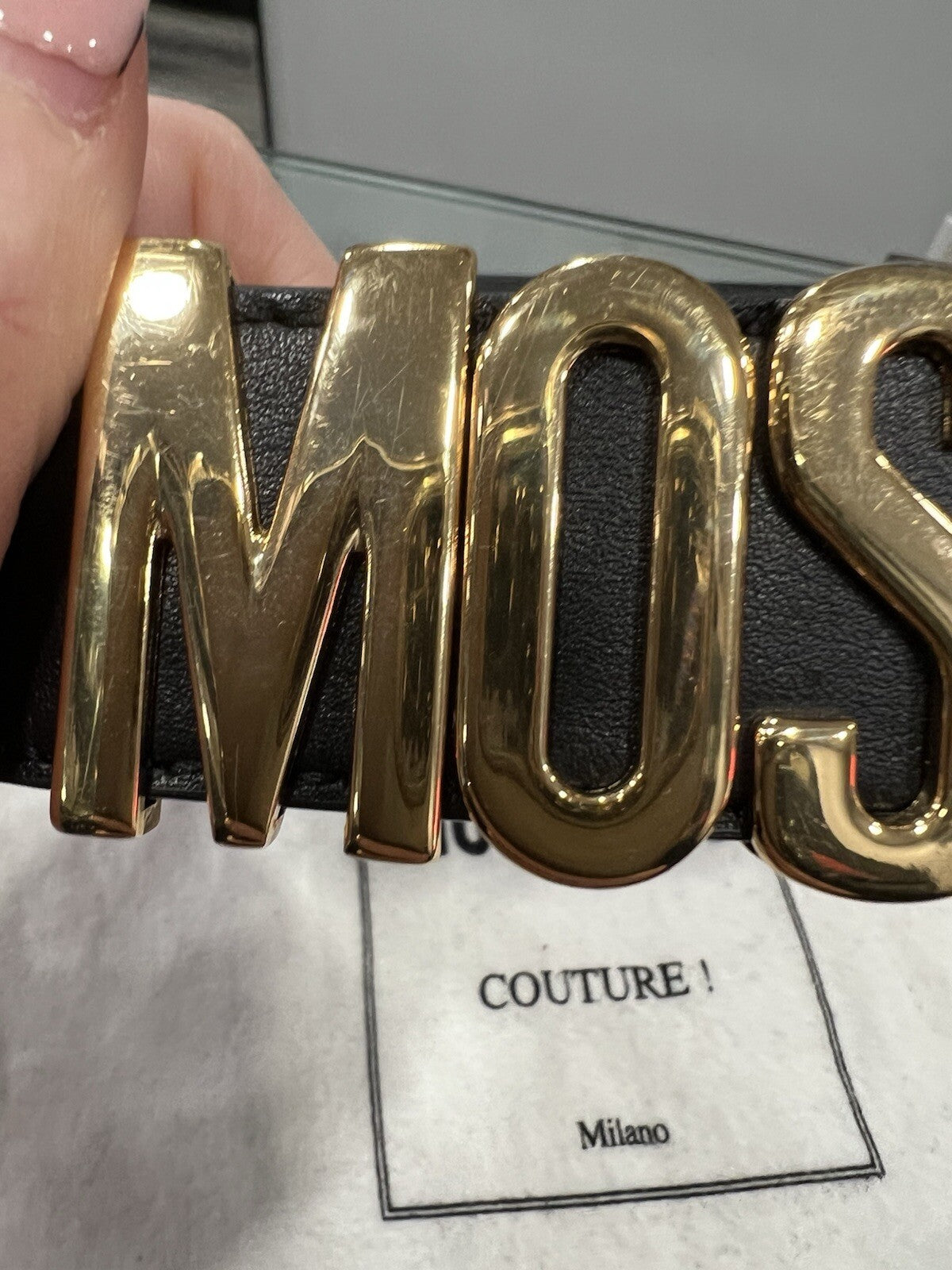 Moschino Men's Logo Belt Black/Gold W/Duster Size 31"-36" Retail $325