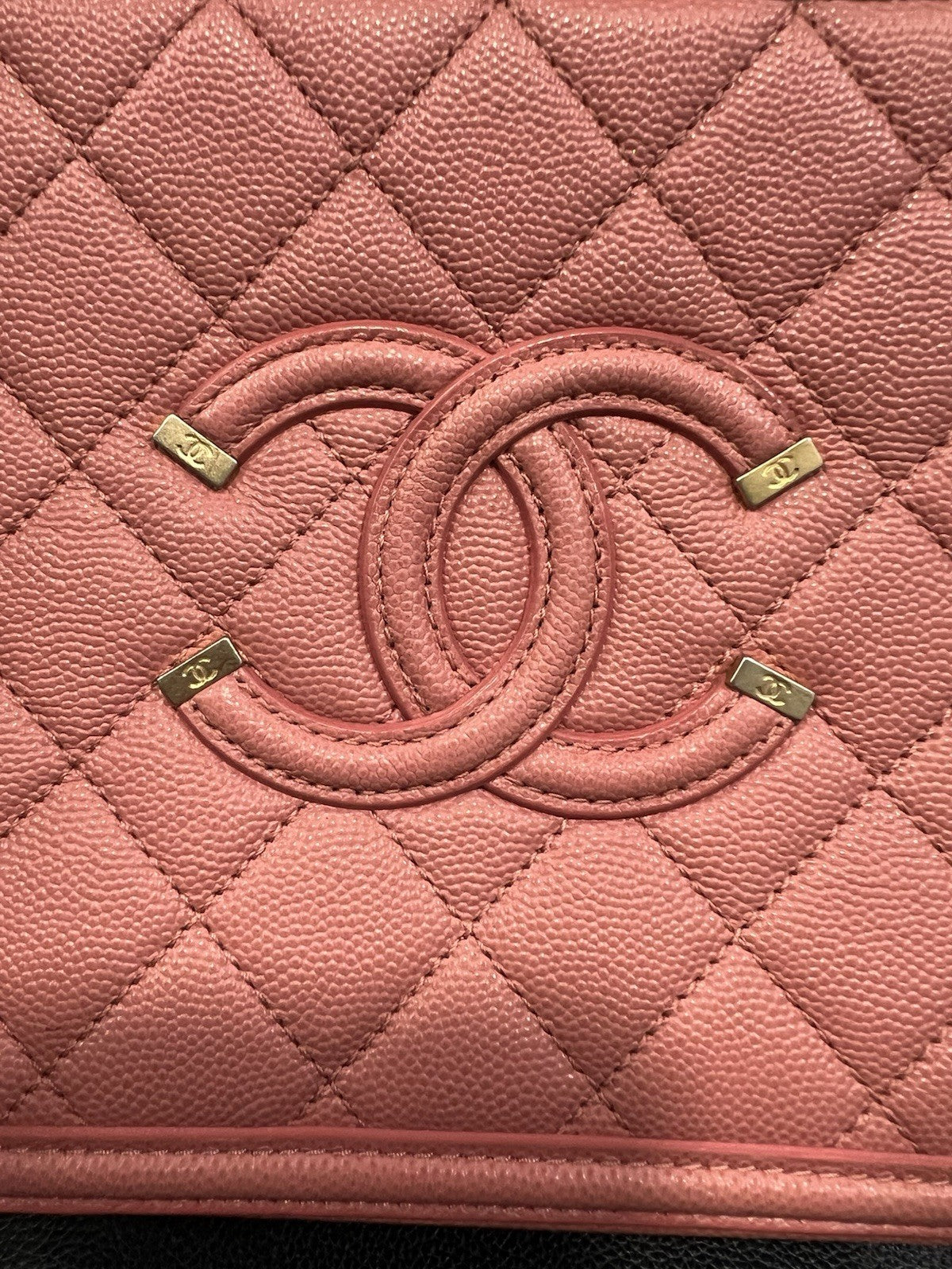 Chanel Pink Filigree Vanity Case With Authenticity