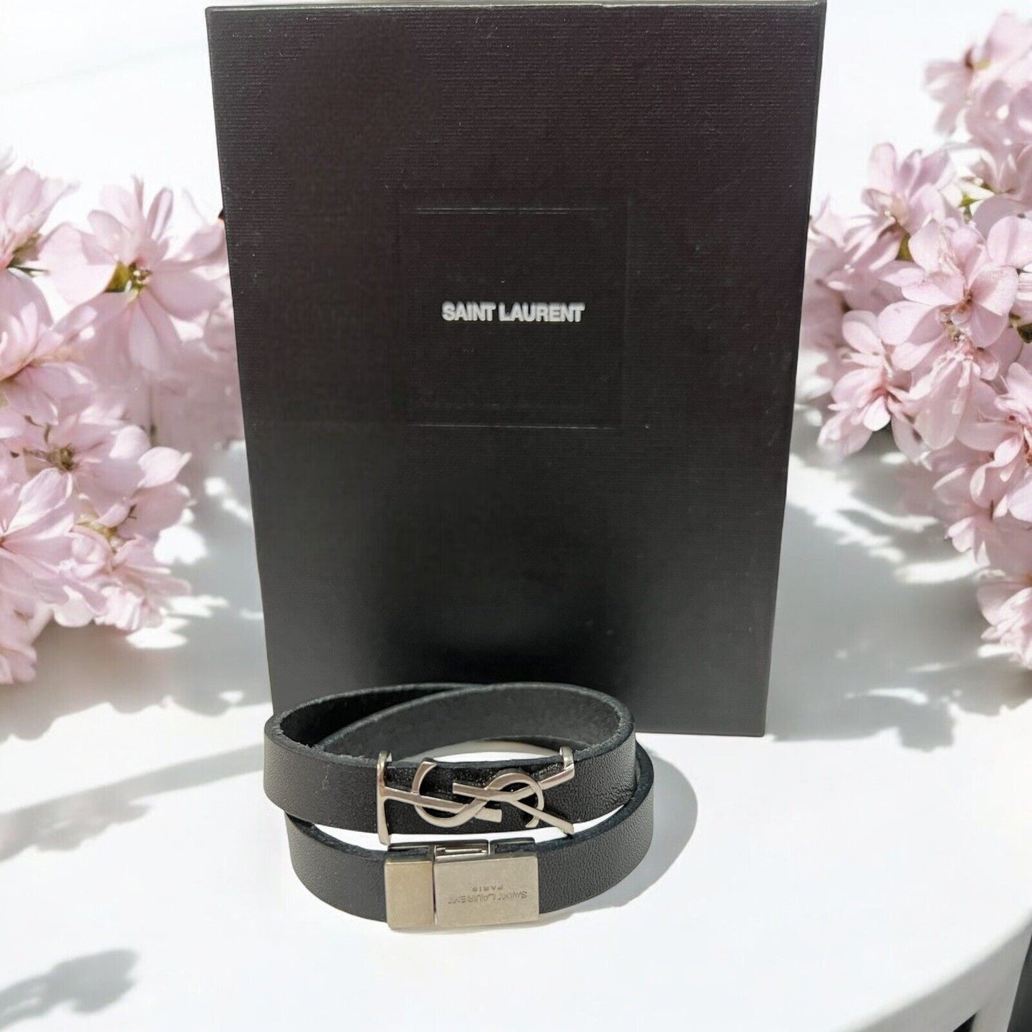 YSL Saint Laurent Black Leather Silver Logo Wrap Bracelet
