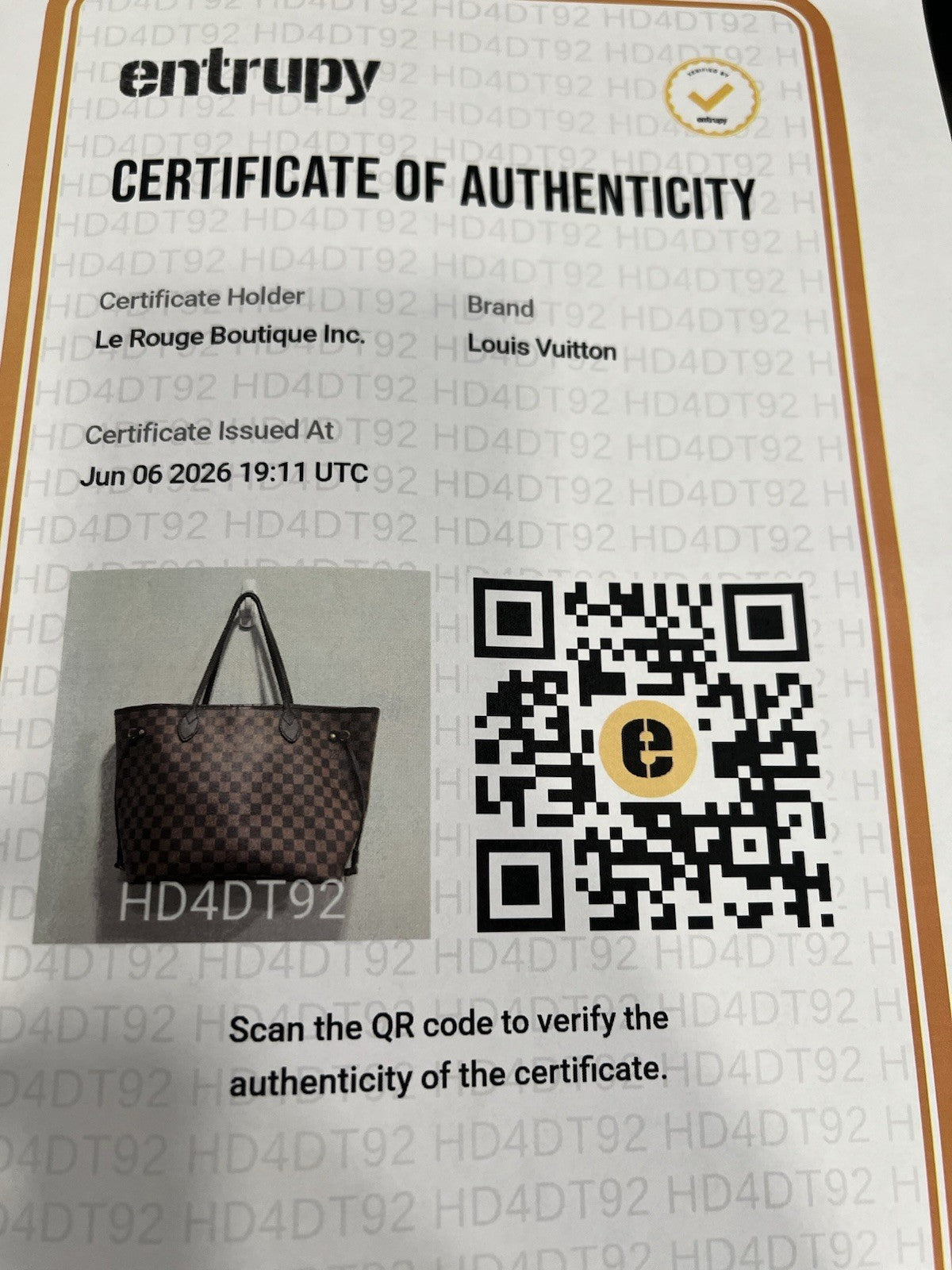 Louis Vuitton Damier Ebene Neverfull MM W/Authenticity