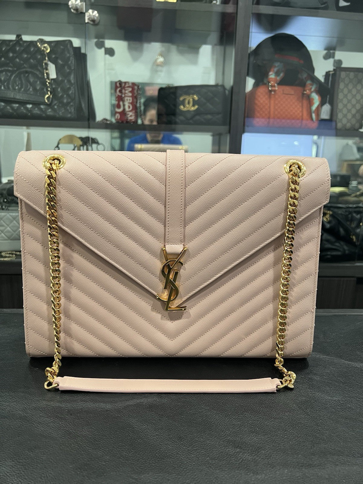 YSL Saint Laurent Leather Envelope Large Blush Pink Chain Bag