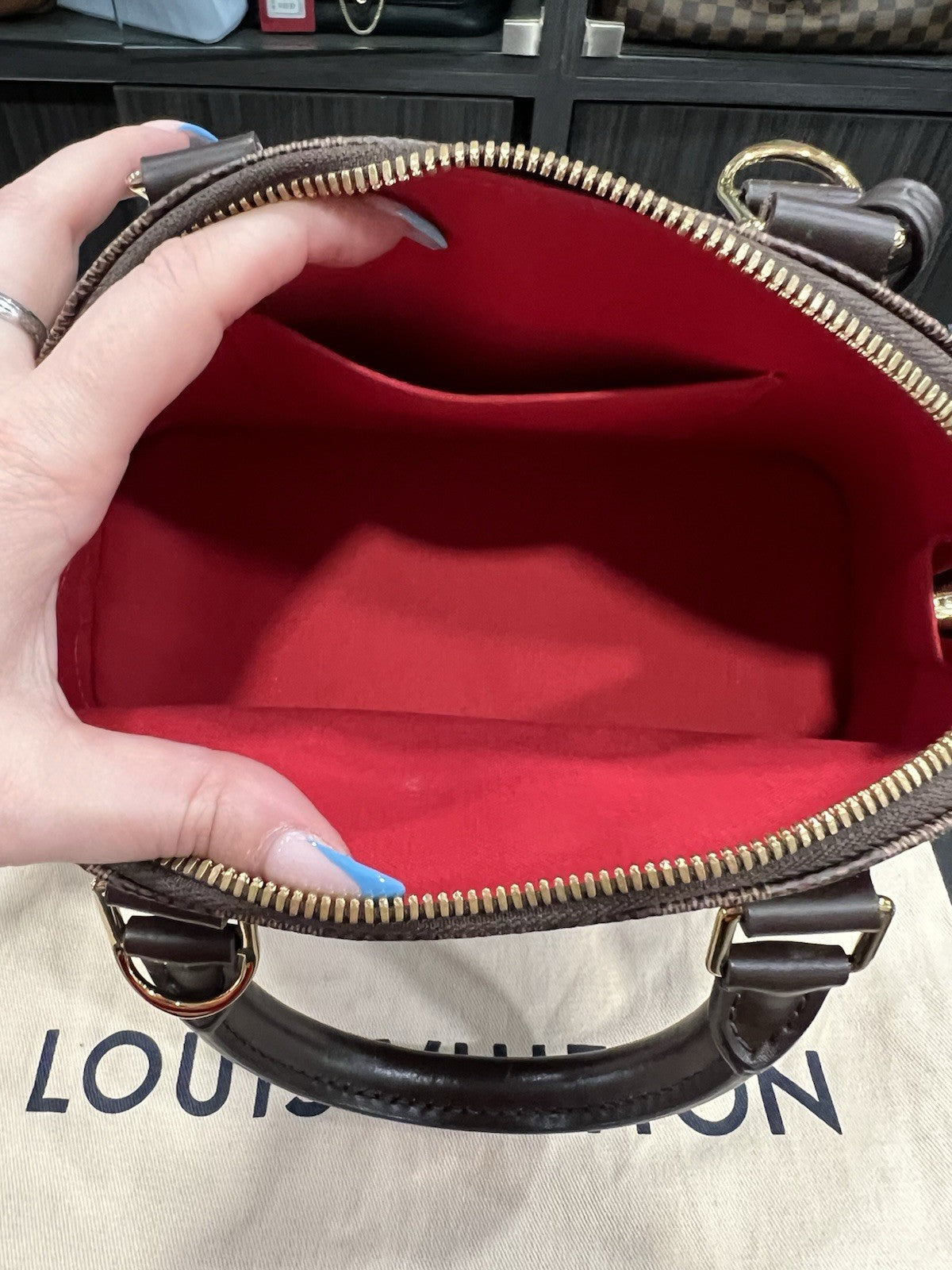 Louis Vuitton Damier Ebene Alma BB W/Lock Key & Duster (Monogrammed No Strap)