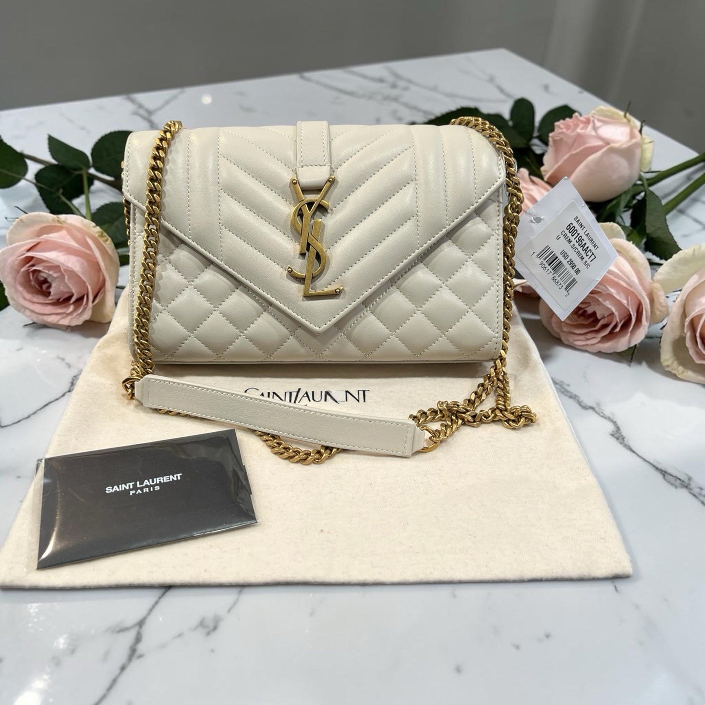 YSL Saint Laurent Ivory/Gold Envelope Triquilt Small Smooth Leather MSRP $2950