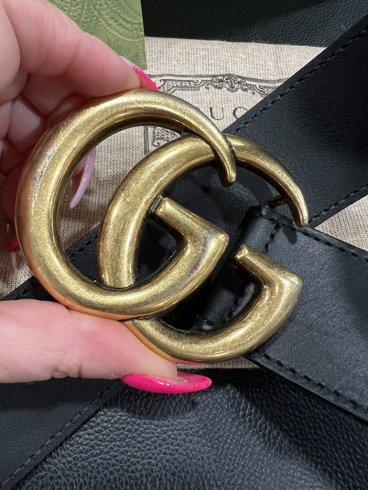 Gucci Marmont Black/Aged Gold Belt W/Box Duster & Receipt (Retail $520) 95/38"