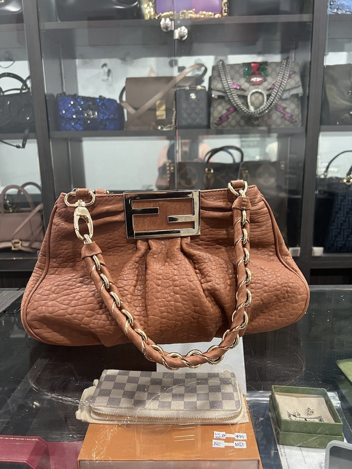 Fendi Small Mia Cognac Chain Shoulder Bag W/Card