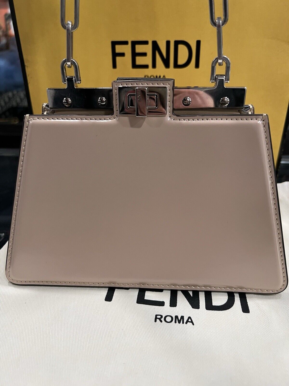 FENDI Peekaboo Cut Mini chain Shoulder Bag Beige Calfskin Retail $4700
