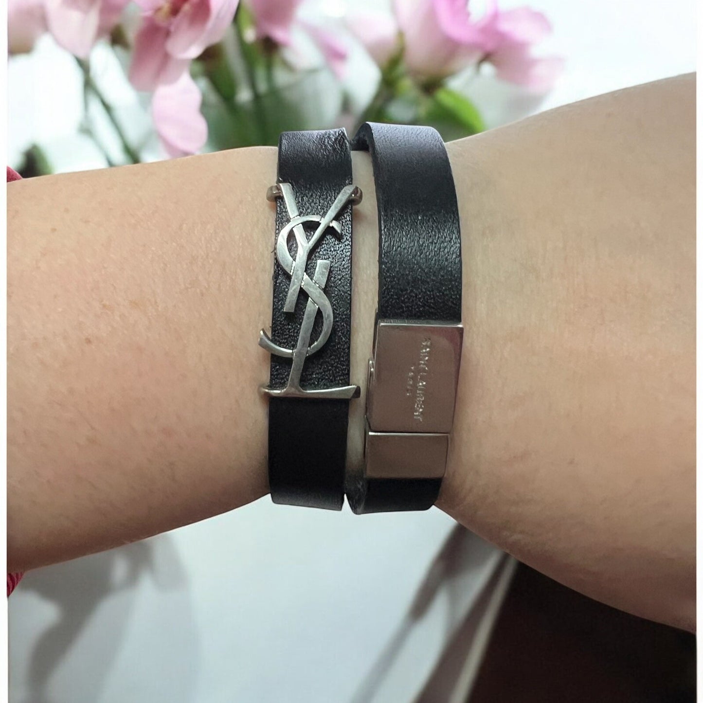 YSL Saint Laurent Black Leather Silver Logo Wrap Bracelet