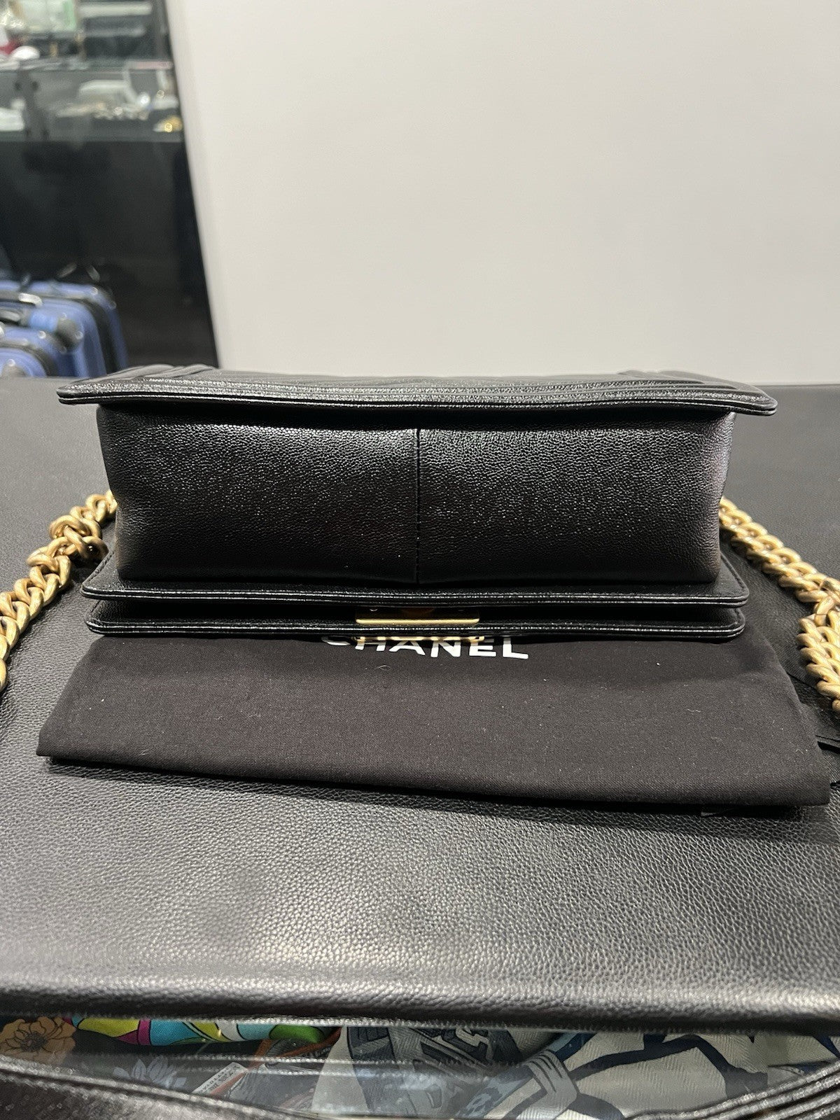 Chanel Black Gold Chevron Caviar Boy Bag With Duster & Authenticity Retail $6900