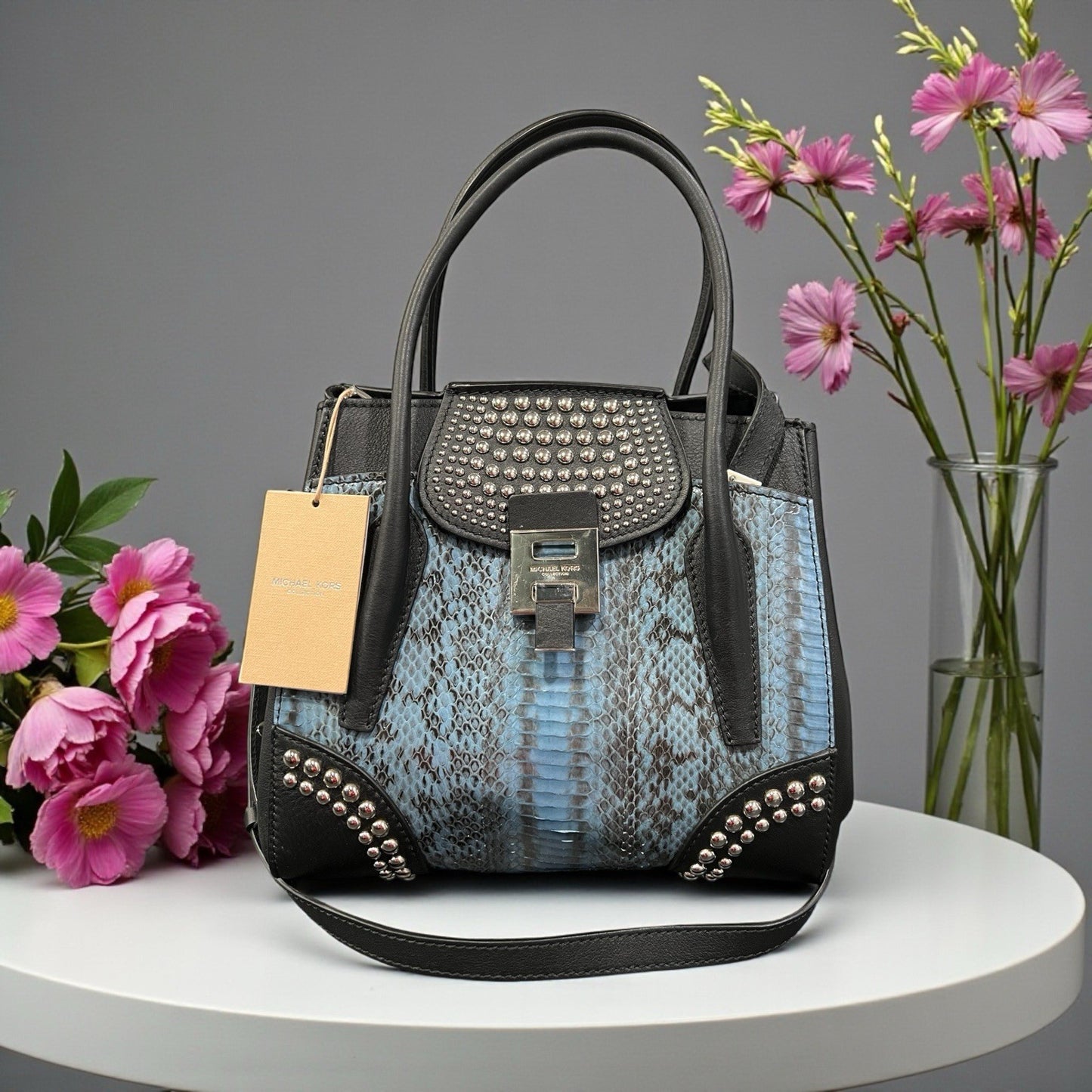 Michael Kors Collection Bancroft Blue Cornflower/Black Satchel NWT Retail $1750