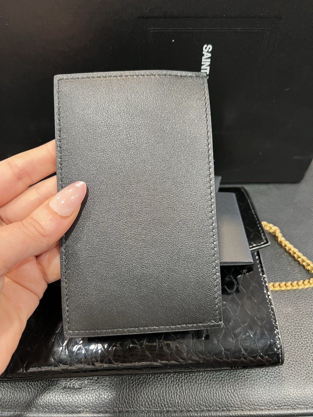 YSL Saint Laurent Snake Patent Uptown Box Duster & Card Holder Retail $1590