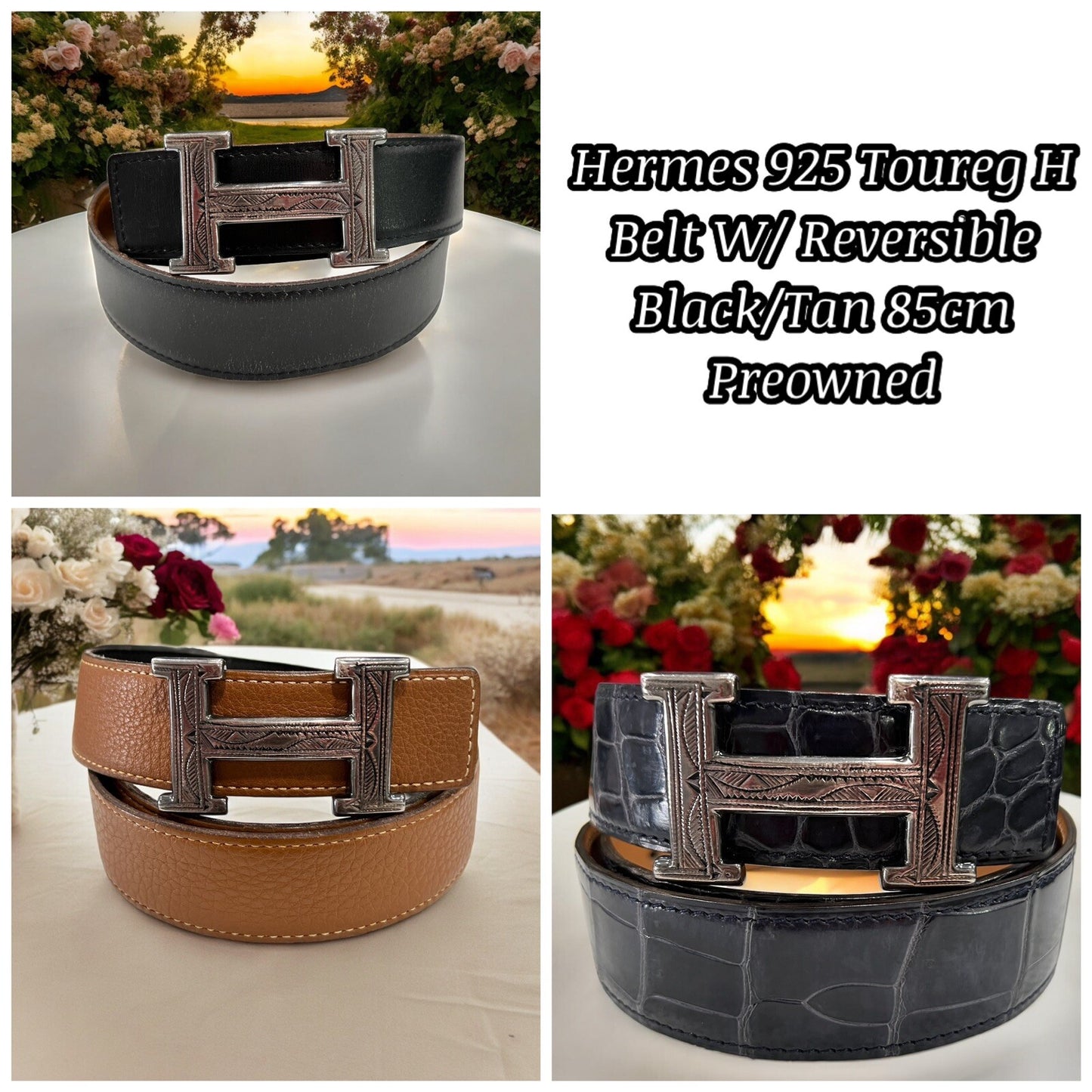 Hermes .925 H Buckle (RARE) Touraeg Croc & Reversible Belts Sz 85