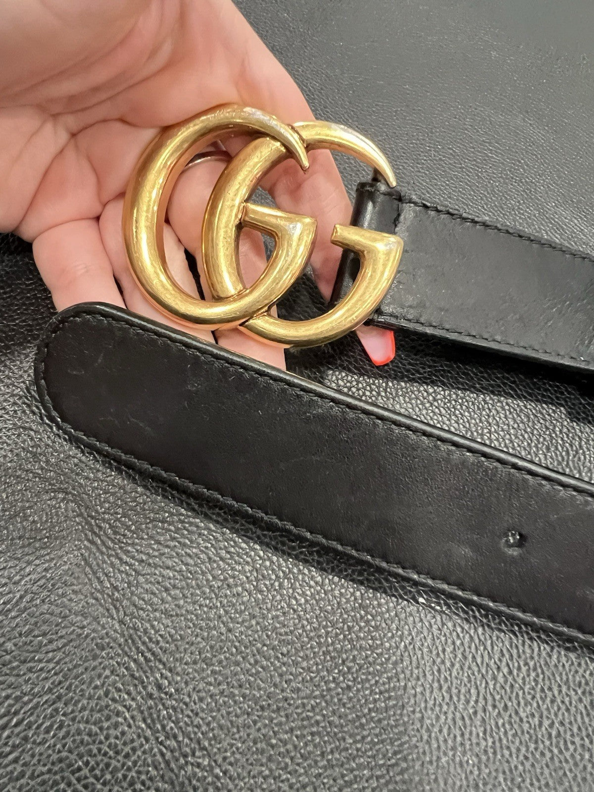 Gucci Marmont Antiqued Buckle Black Leather Belt Sizwe 95/38"