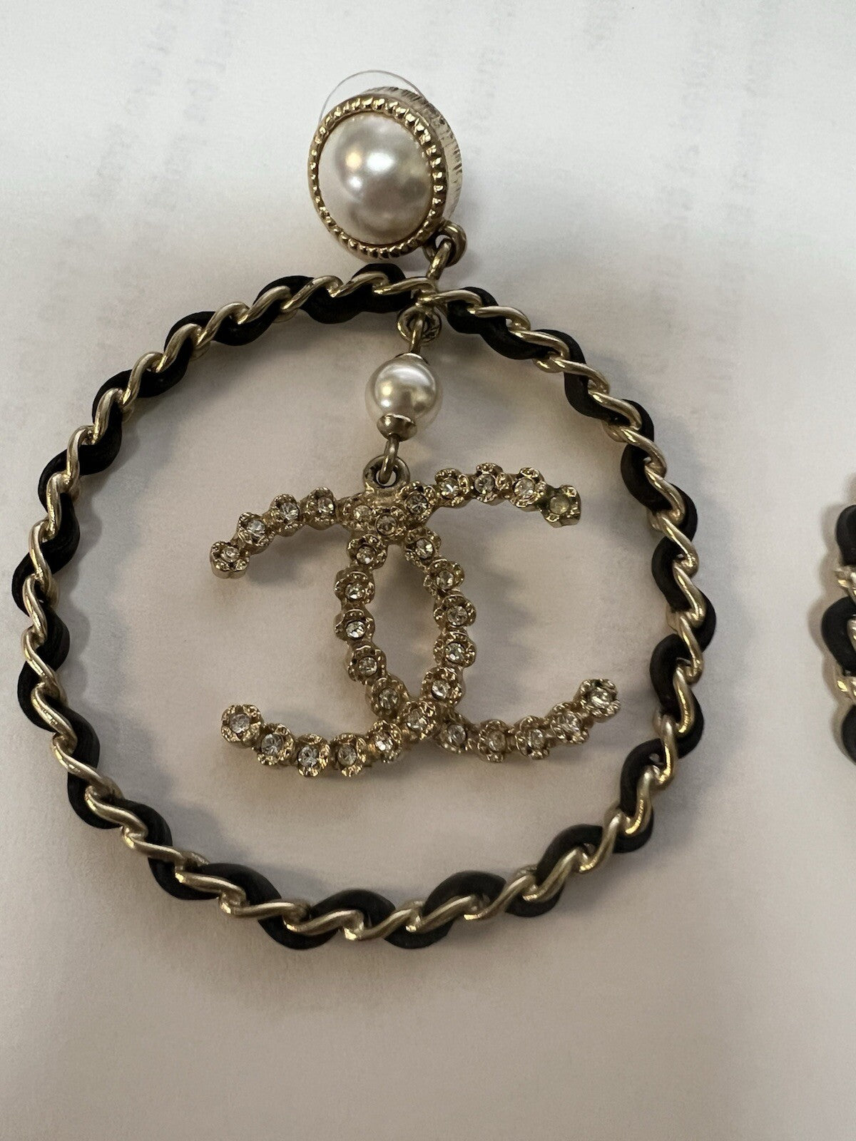 Chanel Lambskin Leather Crystal Pearl Logo Hoop Earrings