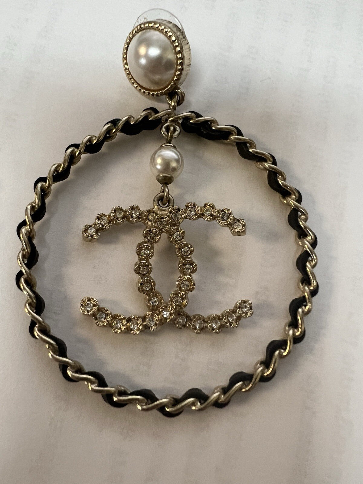 Chanel Lambskin Leather Crystal Pearl Logo Hoop Earrings