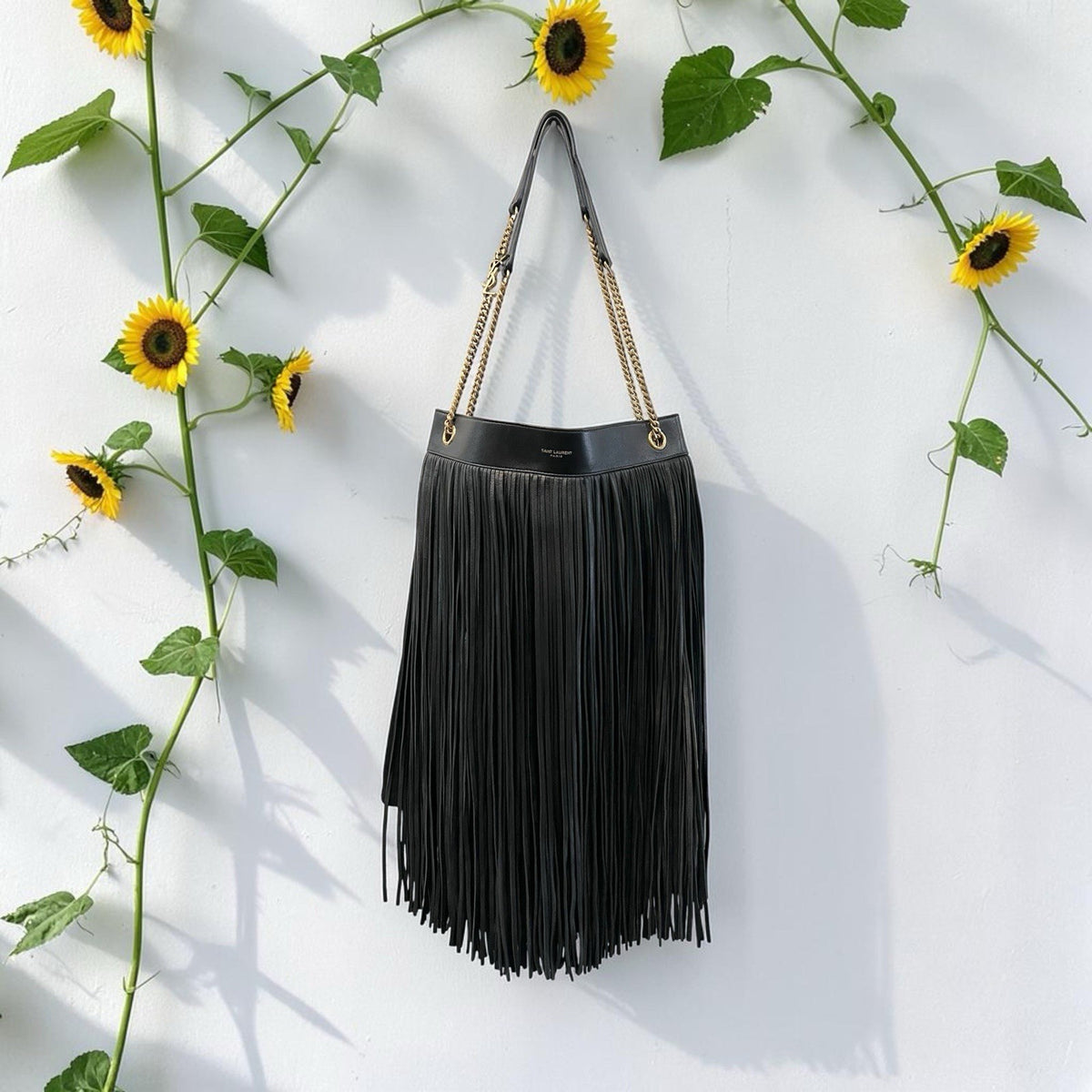 YSL Saint Laurent Grace Black Fringe Suede Hobo Bag With Authenticity