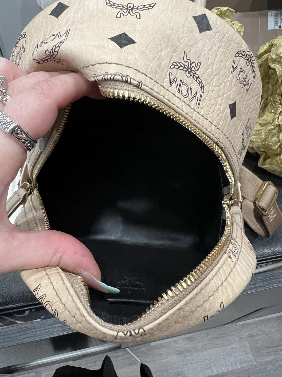 MCM Stark Side Studded Beige Visetos Studded Small Backpack