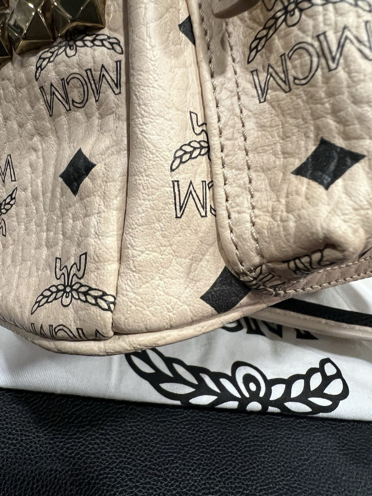 MCM Stark Side Studded Beige Visetos Studded Small Backpack