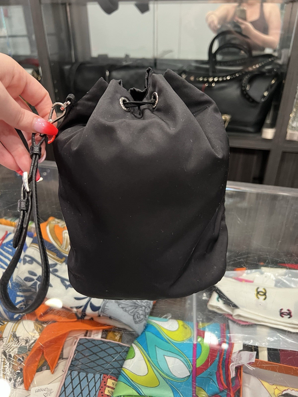 Prada Drawstring Wristlet Bucket Bag Tessuto Small