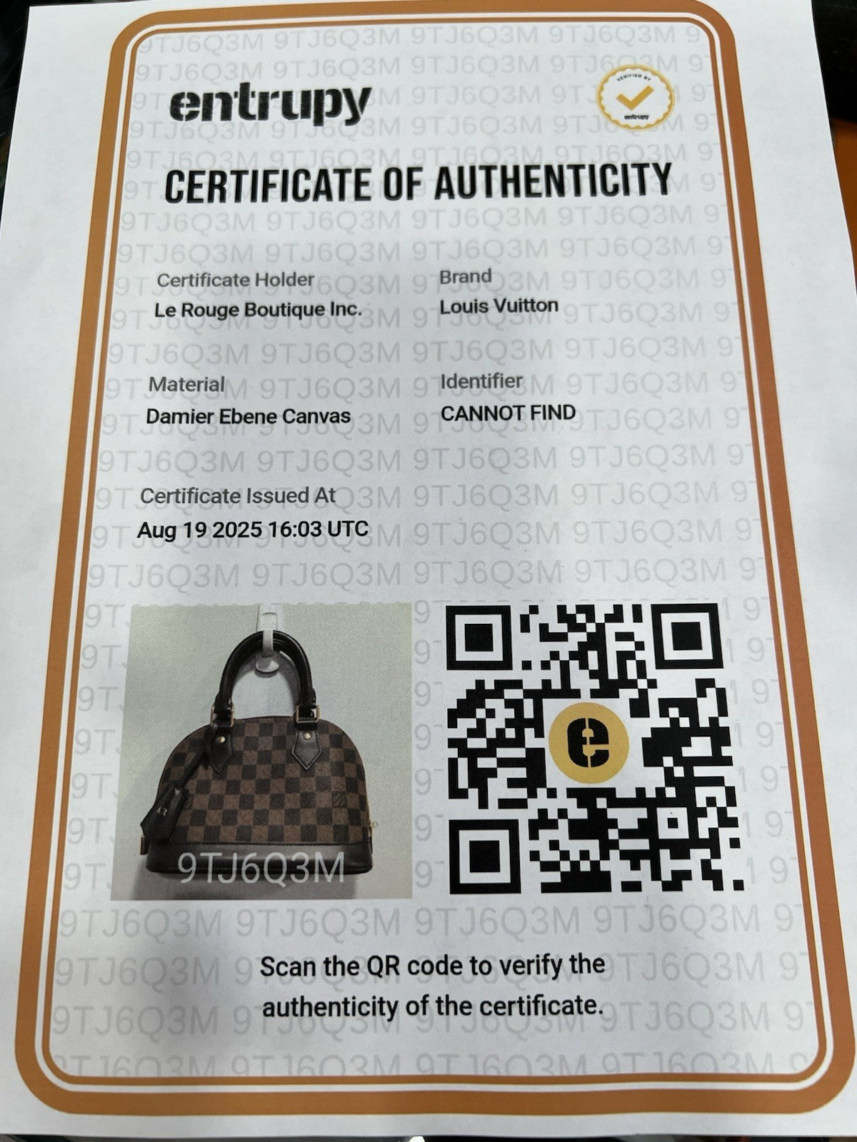 Louis Vuitton Damier Ebene Alma BB W/Lock Key & Duster (Monogrammed No Strap)