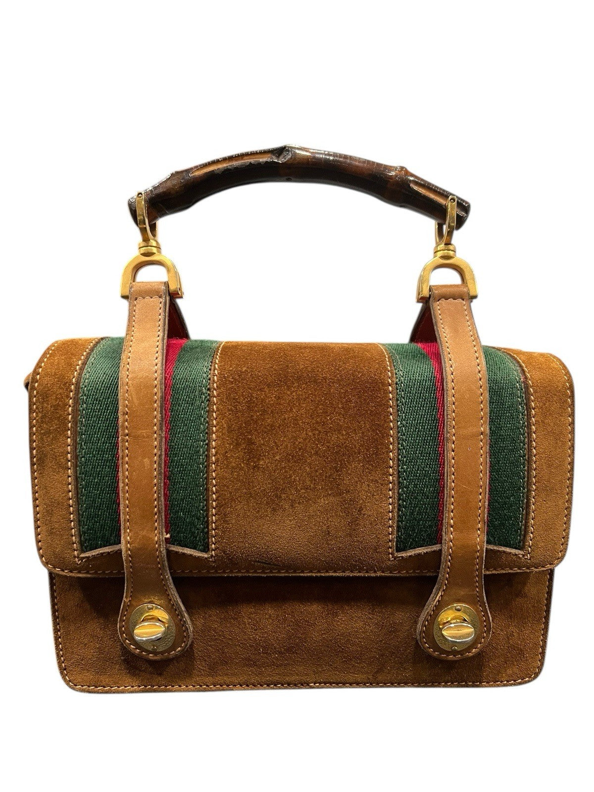 Gucci Vintage Cognac Suede Bamboo Handle Lunchbox Top Handle Bag RARE