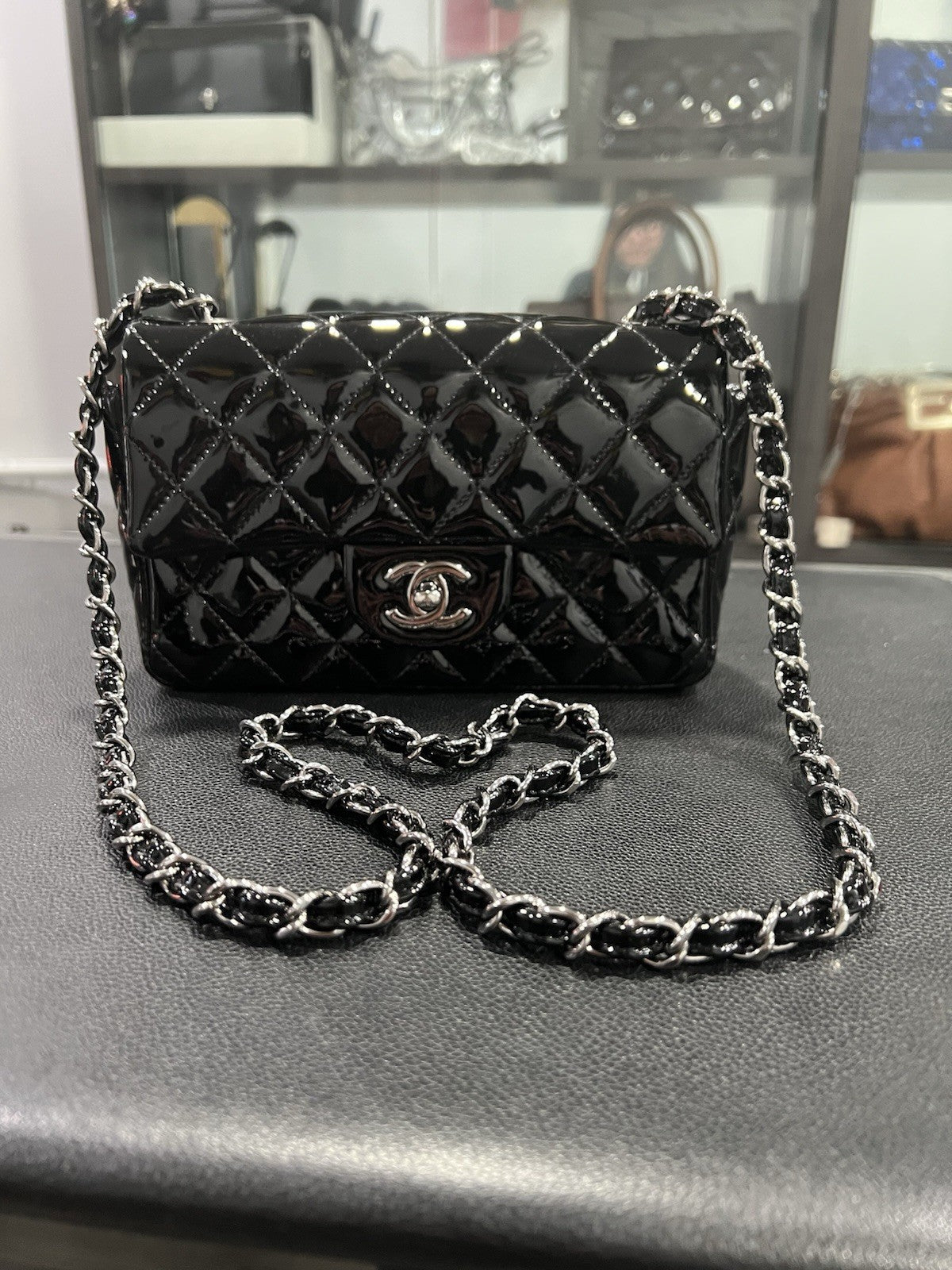 Chanel Patent Mini Rectangular Classic Single Flap Black SHW