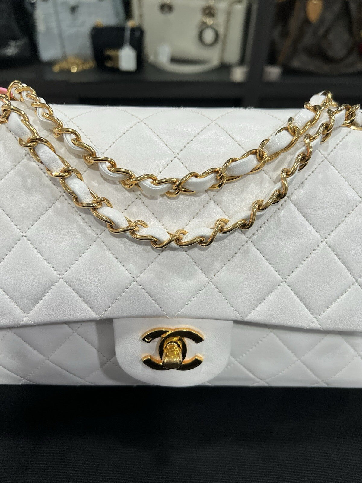 Chanel White 24k Gold Plated Hardware Lambskin Double Flap Classic
