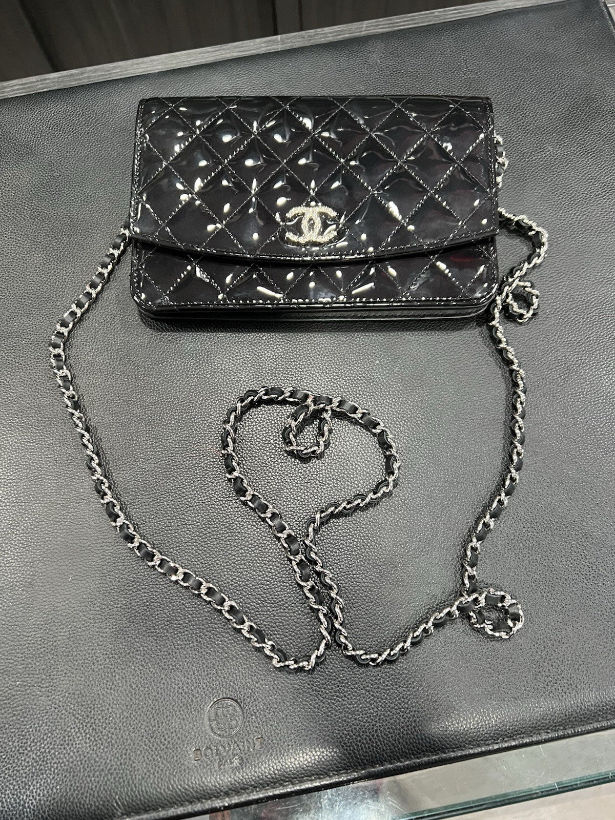 Chanel Black Quilted Patent Leather Brilliant Wallet On Chain Crossbody