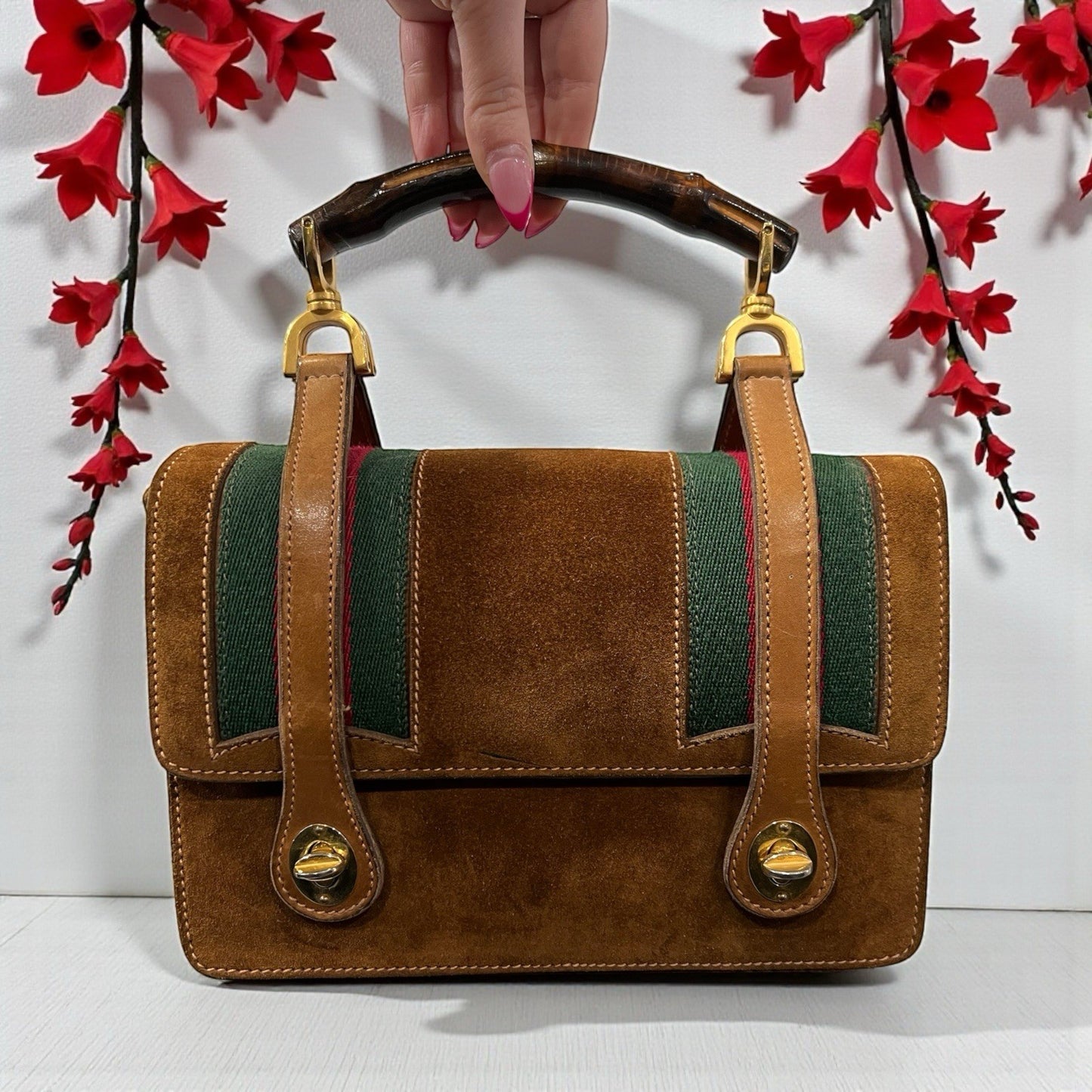 Gucci Vintage Cognac Suede Bamboo Handle Lunchbox Top Handle Bag RARE