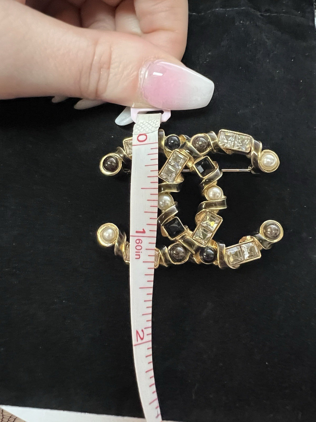 Chanel Crystal Baguette Pearl Resin CC Brooch Gold Black Pearly White AUTHENTIC