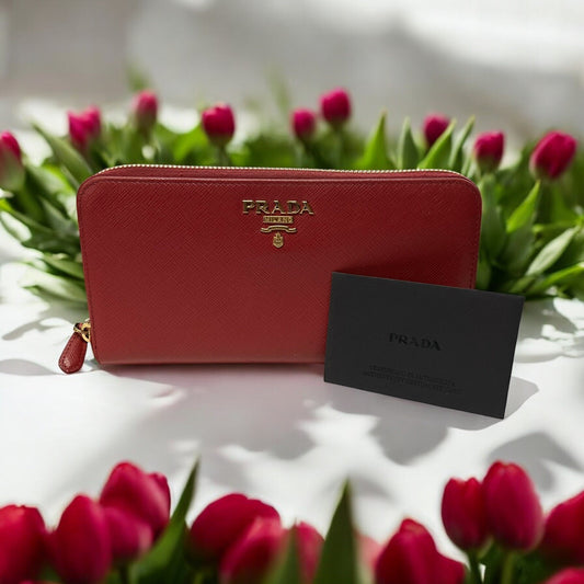 Prada Saffiano Red Leather Zip Around Wallet W/COA